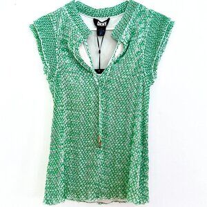 DKNY Top Large Green Pullover Blouse Crinkle Tie Front Green NWT